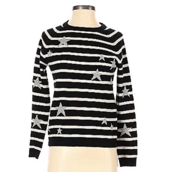 Philosophy 100% Cashmere Sweater Blue Horizontal Stripes Stars Pullover Crew XS - Picture 1 of 7